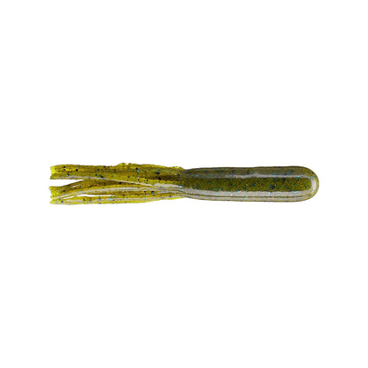 A Secret Lures Stupid Tube 4" soft plastic fishing lure in green and yellow, featuring a cylindrical body with fringed appendages, is shown on a white background.