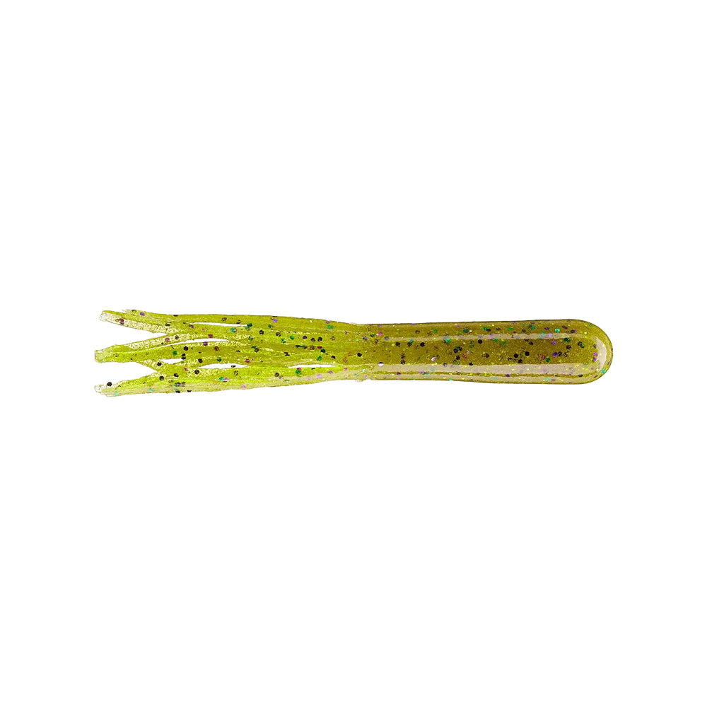 The Secret Lures Stupid Tube 4" 8pk by Secret Lures is a soft plastic tube in translucent yellow-green with black and blue speckles and short, thin tentacles—ideal for anglers who enjoy flippin' tubes.