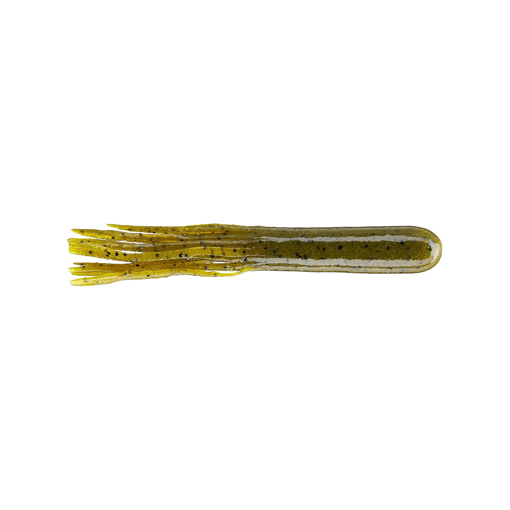 The Secret Lures Stupid Tube 4" (8pk) by Secret Lures is an olive green soft plastic flippin' tube lure featuring a solid head, multiple thin fringed tails, black specks on top, and a lighter underside.