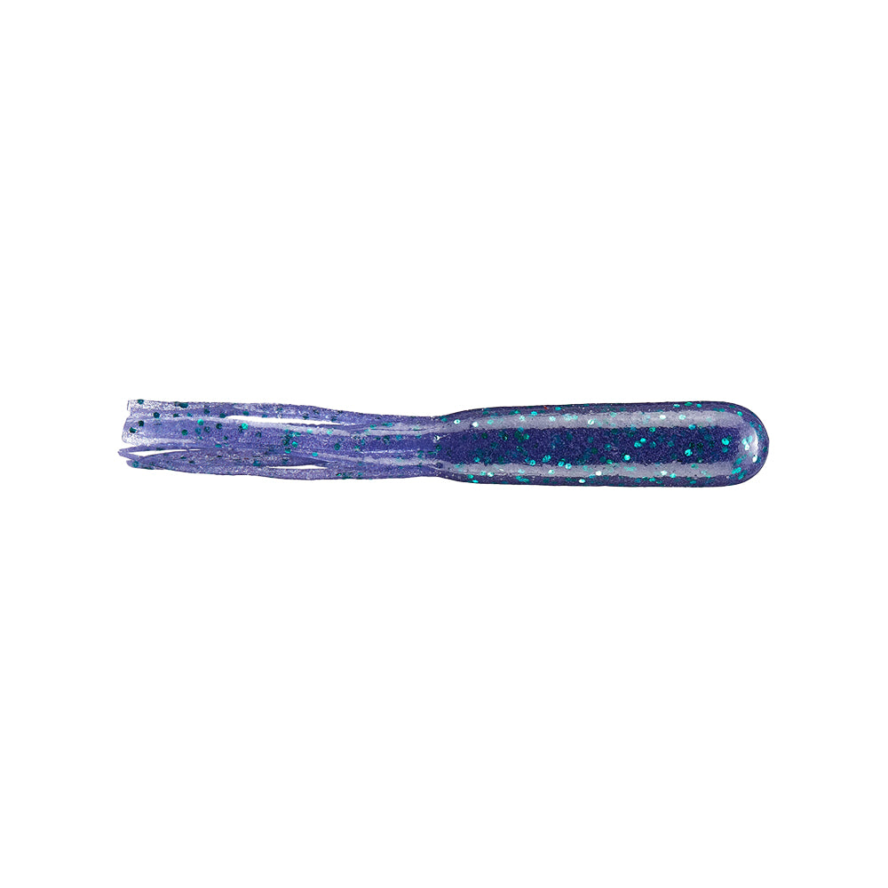 The Secret Lures Stupid Tube 4" by Secret Lures is a soft plastic fishing lure shaped like a flippin' tube, with a dark blue and purple body, green and blue speckles, and a frayed end. Comes in an 8 pack.