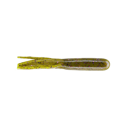 The Secret Lures Stupid Tube 4" (8pk) is a soft plastic fishing lure shaped like a flippin' tube, in olive green with yellow edges, black and purple speckles, and a split tail. Brand: Secret Lures.