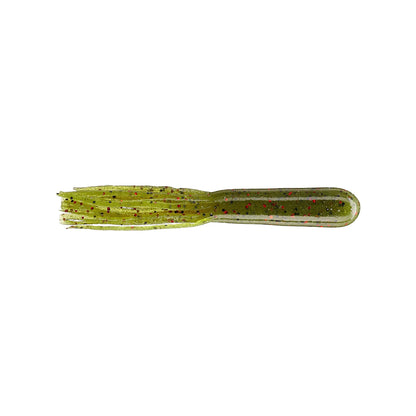 The Secret Lures Stupid Tube 4" (8pk) is a soft plastic green lure with black and red speckles, a cylindrical body, and thin flat strands—ideal for anglers who enjoy flippin’ tubes.