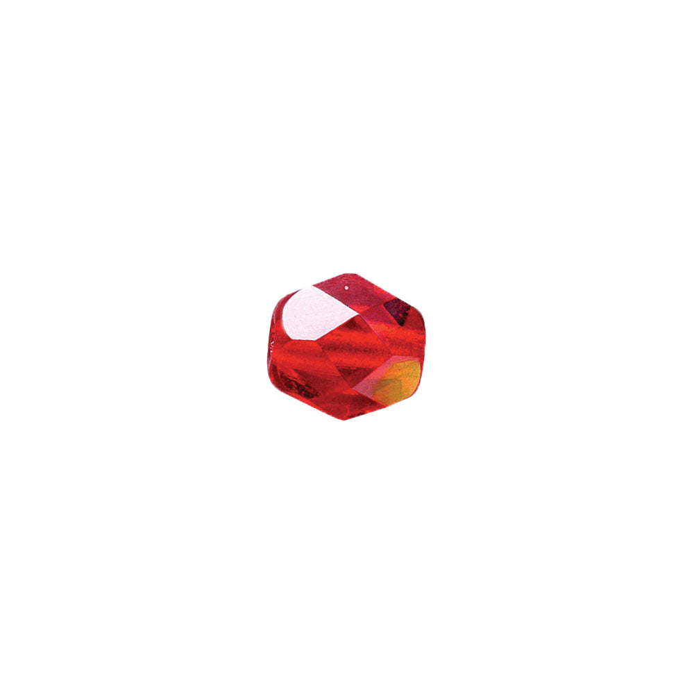 A Top Brass Glass Bead, faceted and red with reflective surfaces and hints of orange, pink, and white highlights from Top Brass, displayed centered on a plain white background.