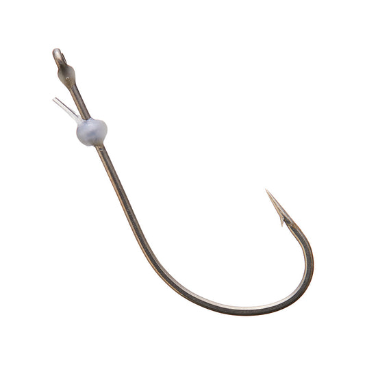 The VMC Redline Series Finesse Neko Hook features a sharp barb, curved shank, and gray plastic bead near the eye, all crafted from premium VMC Vanadium Steel for finesse Neko rigs.