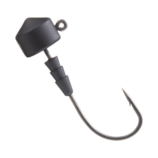 Close-up of the VMC Redline Series Tungsten Ned Head, featuring a black needle point hook with a sharp, curved tip and hexagonal tungsten head. The shank has three ridges for securing bait.