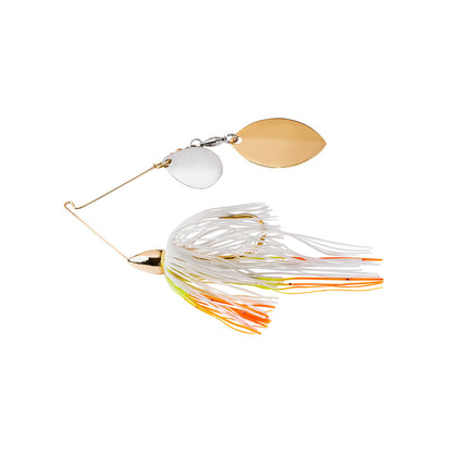 The War Eagle Finesse Spinnerbait by War Eagle features a gold and silver spinnerbait design with a wire frame, two metal blades, and a skirt of white, yellow, and orange strands, shown isolated on a white background.