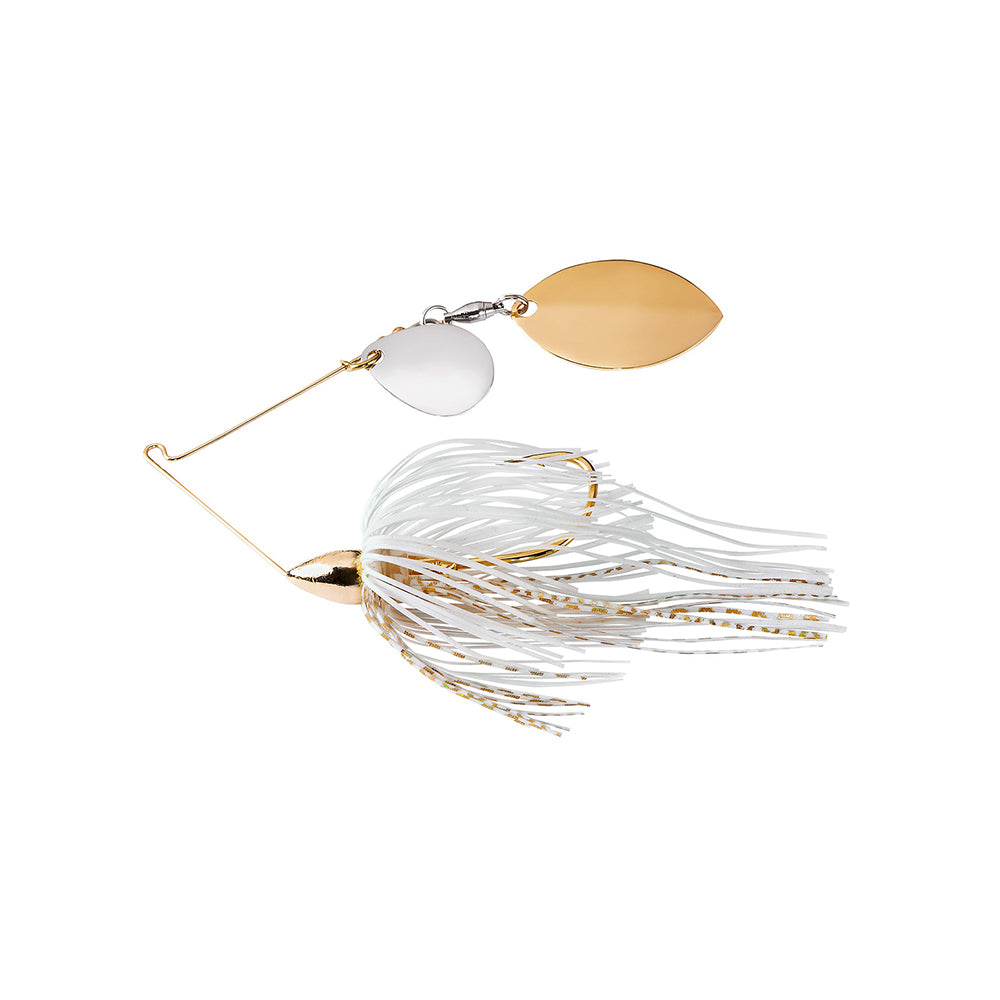 The War Eagle Finesse Spinnerbait by War Eagle features gold and silver blades, a wire frame, and a skirt with white and gold strands, shown isolated on a white background.