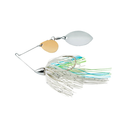 The War Eagle Finesse Spinnerbait by War Eagle features a silver and gold blade, white skirt, and blue-green accents, designed to attract fish.