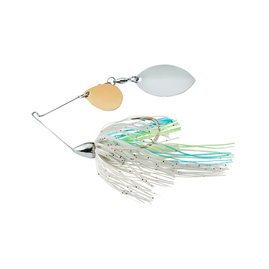 The War Eagle Finesse Spinnerbait by War Eagle features a silver and gold blade, white skirt, and blue-green accents, designed to attract fish.