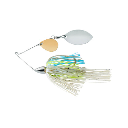 The War Eagle Finesse Spinnerbait by War Eagle features a metal wire frame, two metallic spinner blades, and a skirt of white, green, and blue strands.