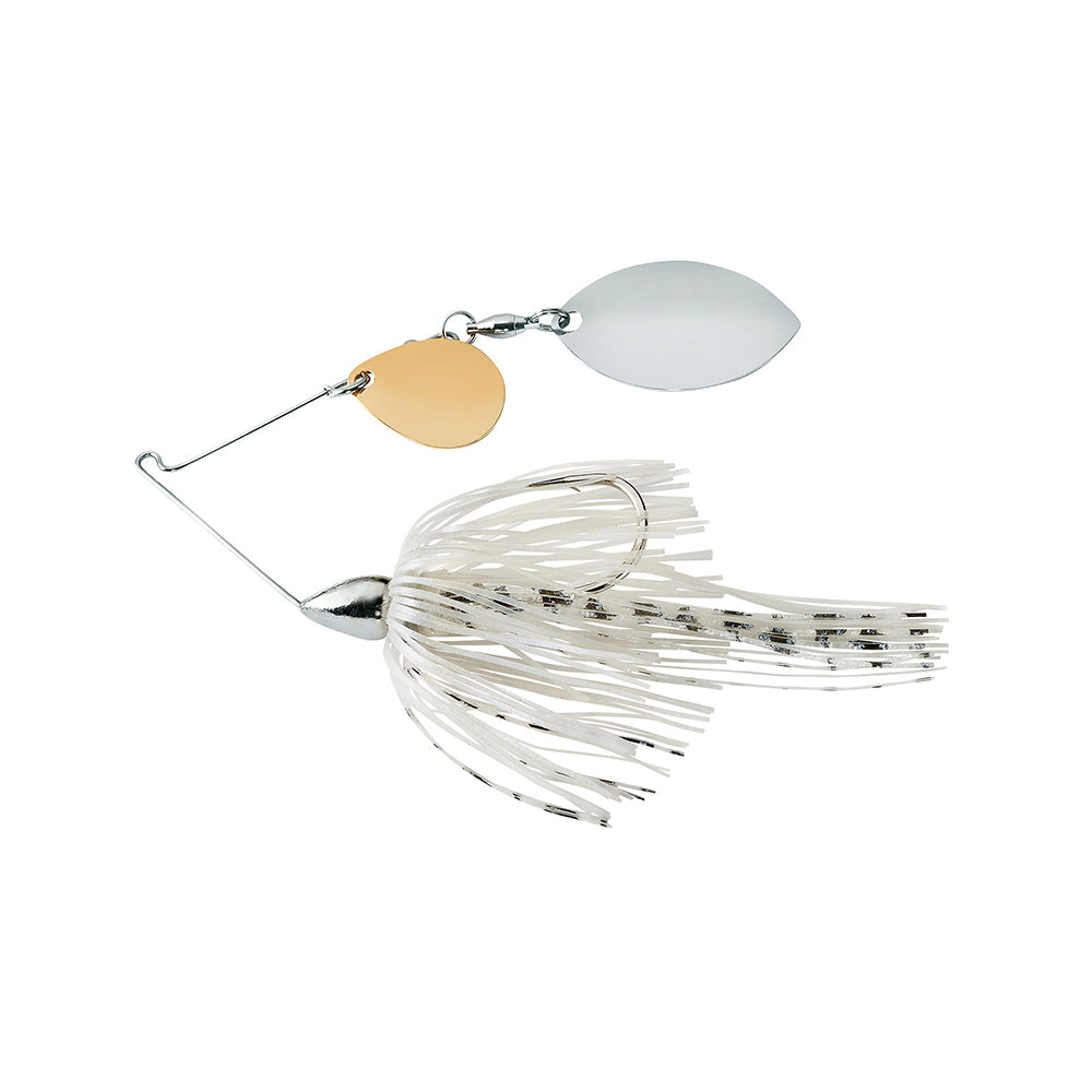 The War Eagle Finesse Spinnerbait by War Eagle features a wire frame, two metal blades in silver and gold, and a white and silver fringed skirt. Shown isolated on a white background.