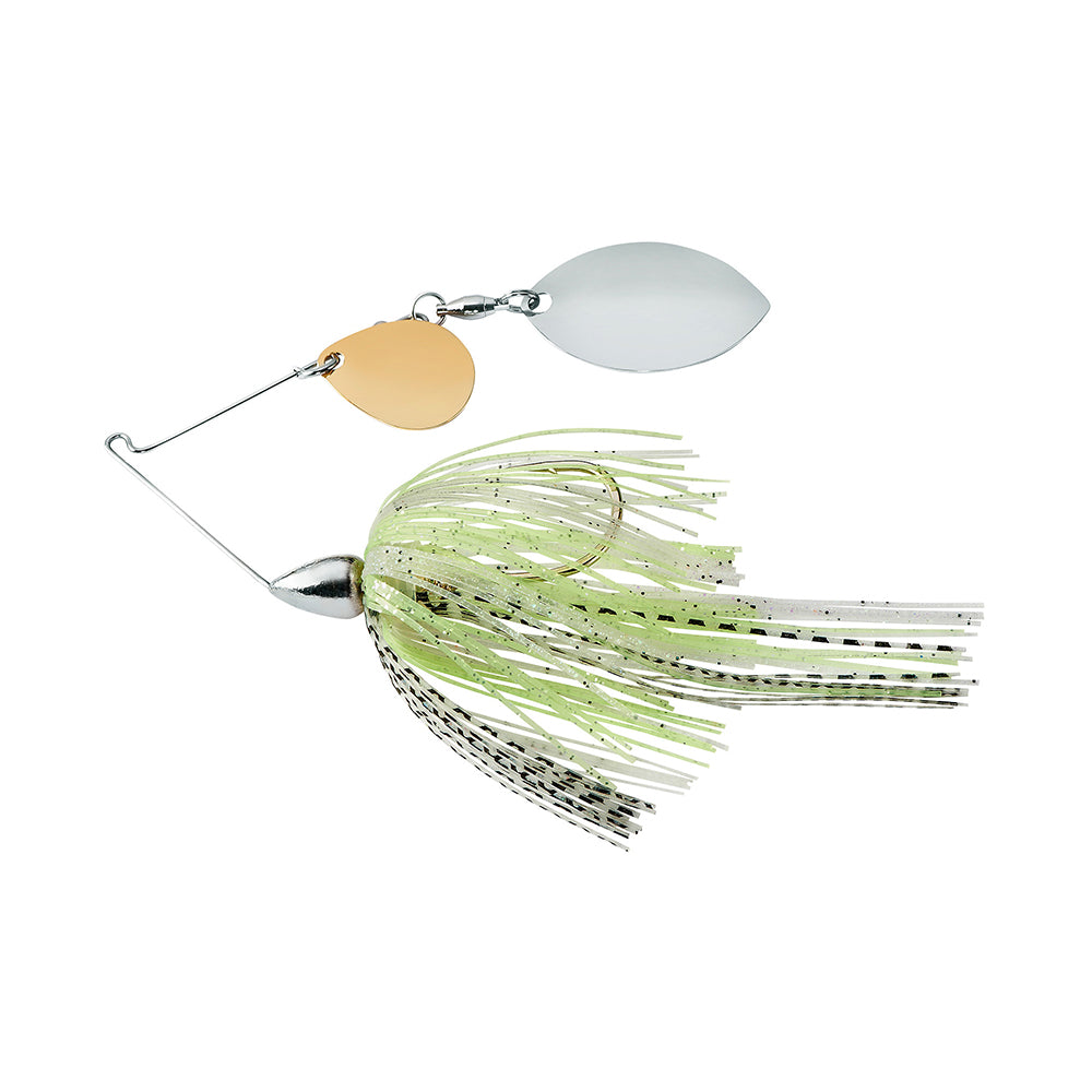 The War Eagle Finesse Spinnerbait by War Eagle features a silver wire frame, two spinner blades (gold and silver), and a skirt with green, white, and black strands.