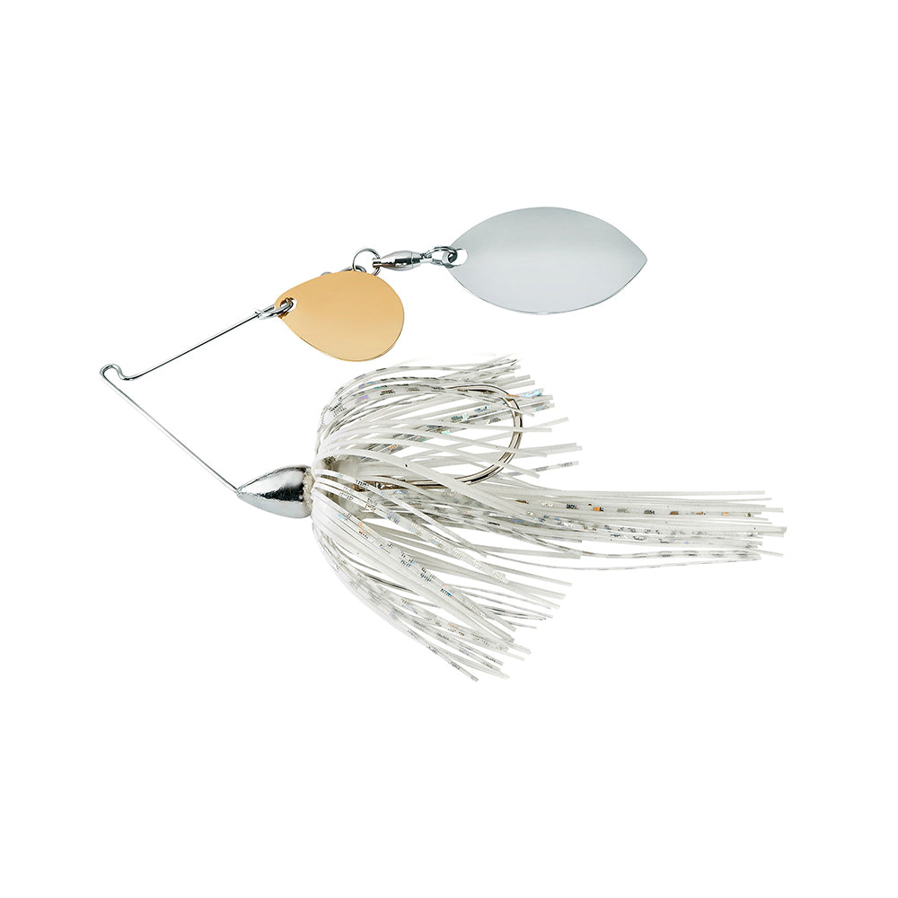 The War Eagle Finesse Spinnerbait by War Eagle features reflective silver and gold blades and a skirt of fine, silvery strands, shown against a white background.