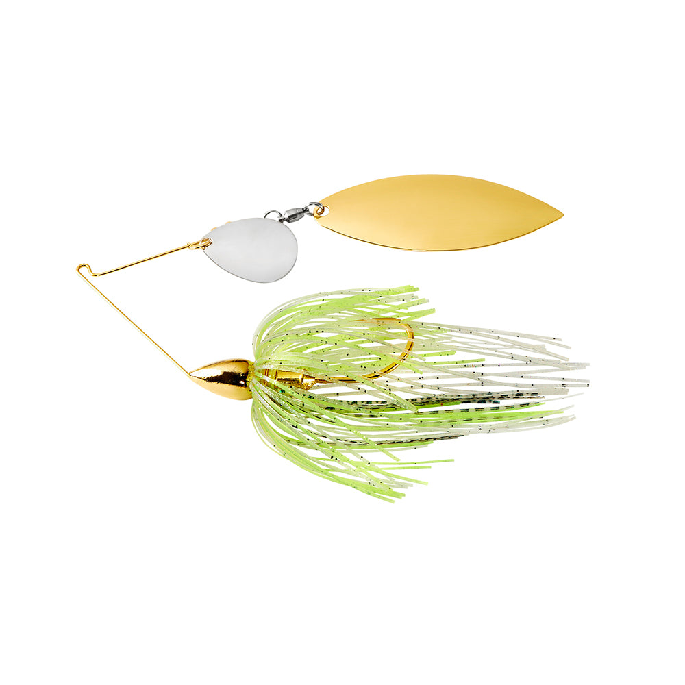 The War Eagle Gold Colorado Willow Spinnerbait by War Eagle features gold and silver blades, a gold wire frame, and a skirt with green, white, and black strands.