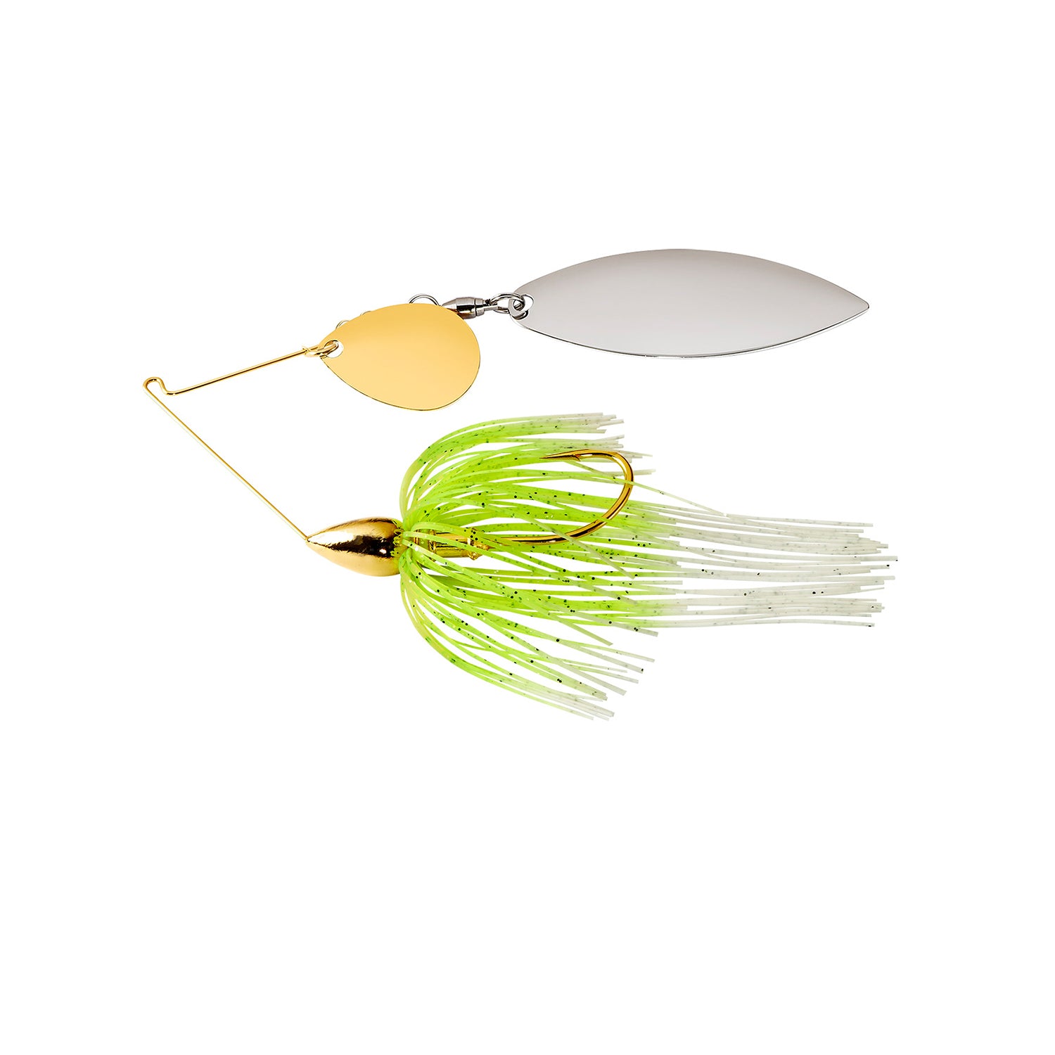 The War Eagle Gold Colorado Willow Spinnerbait by War Eagle features gold and silver blades, a gold body, and a green-and-white skirt.