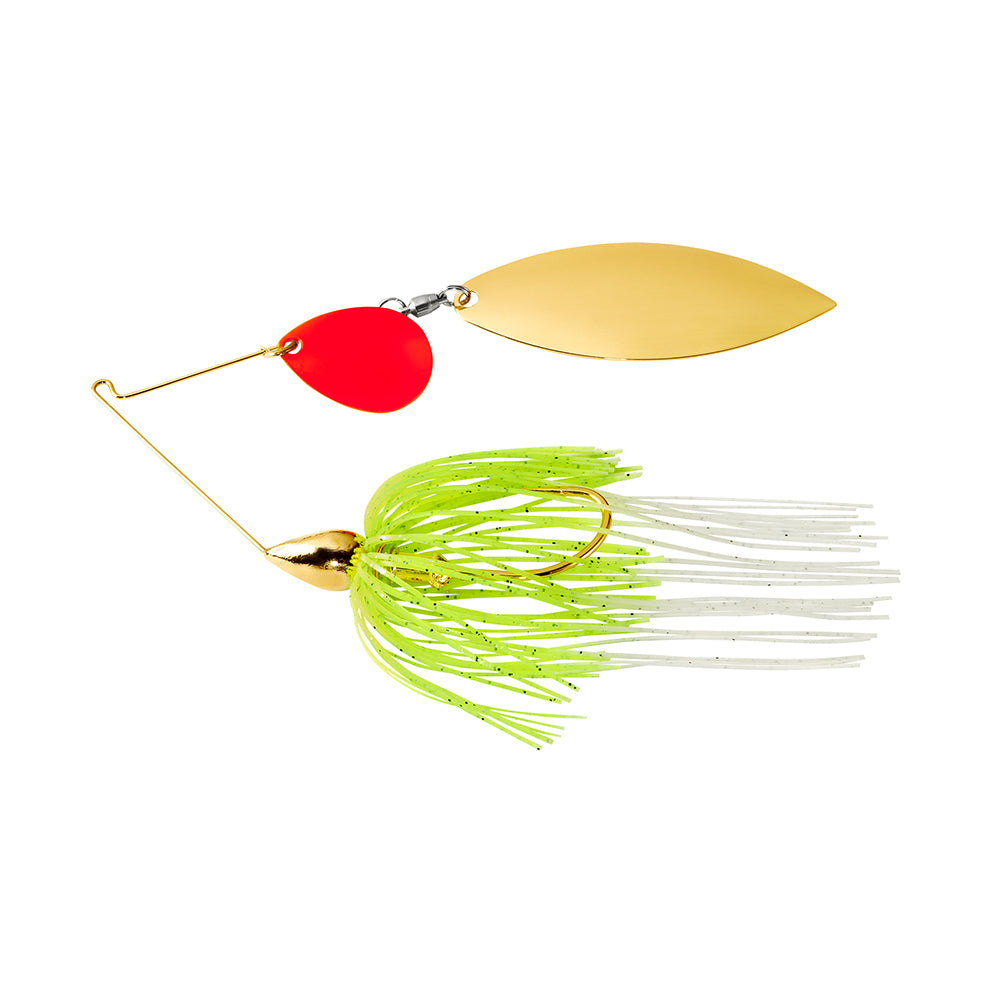 The War Eagle Gold Colorado Willow Spinnerbait by War Eagle features a gold blade, a smaller red blade, and a green and white skirt on a gold hook.