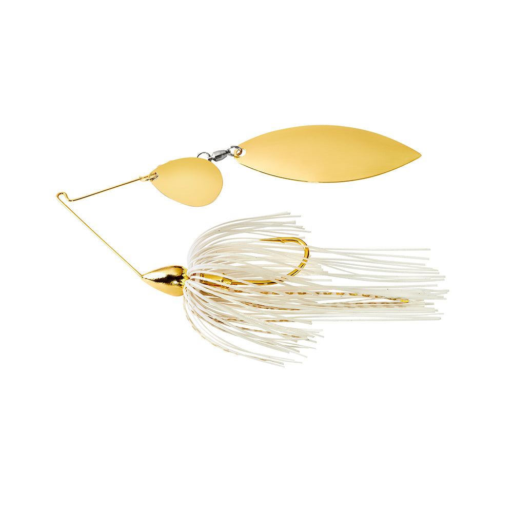 The War Eagle Gold Colorado Willow Spinnerbait by War Eagle features two metallic gold blades and a white skirt, shown isolated on a white background.