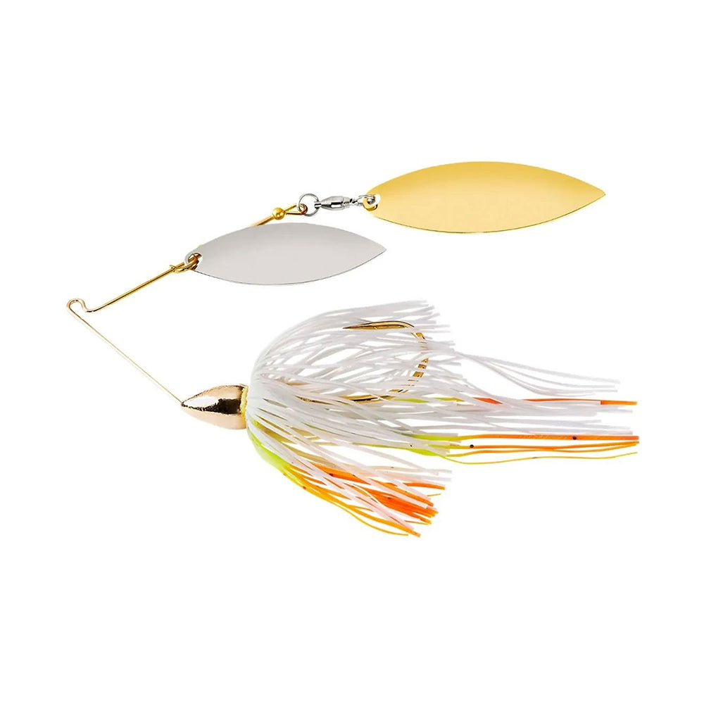 The War Eagle Gold Double Willow Spinnerbait by War Eagle features gold and silver blades and a skirt with white, yellow, and orange strands.