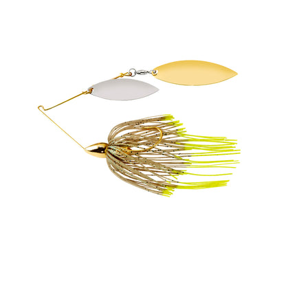 The War Eagle Gold Double Willow Spinnerbait by War Eagle features gold and silver blades, a gold head, and a skirt with white, brown, and bright yellow strands.
