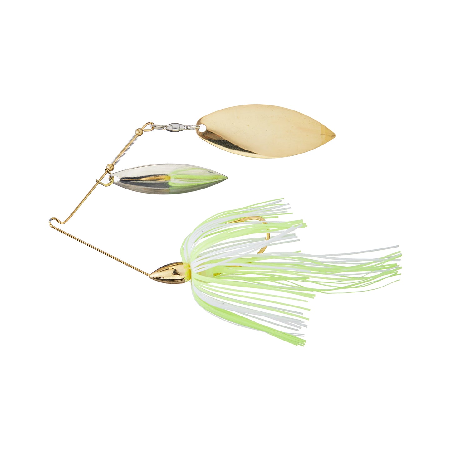 The War Eagle Gold Double Willow Spinnerbait by War Eagle features two shiny silver and gold oval blades and a skirt of white, light green, and yellow strands on a hook, shown against a white background.