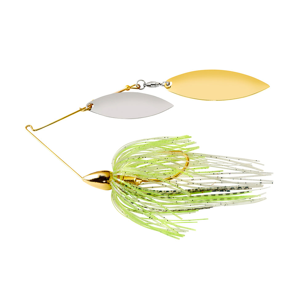 The War Eagle Gold Double Willow Spinnerbait by War Eagle features gold and silver blades, a gold wire frame, and a skirt of white, yellow, and green strands with black speckles.
