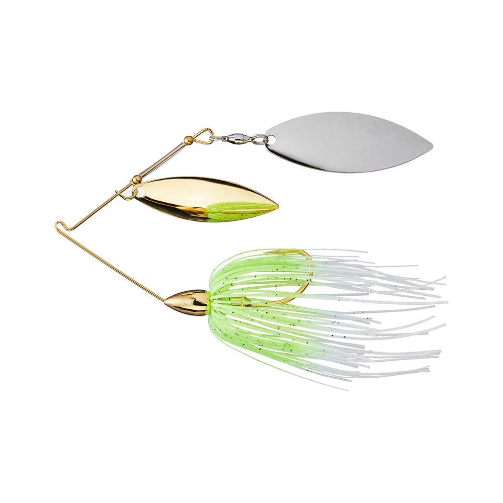 The War Eagle Gold Double Willow Spinnerbait by War Eagle features a gold and silver blade, a gold head, and a skirt with white and light green strands.
