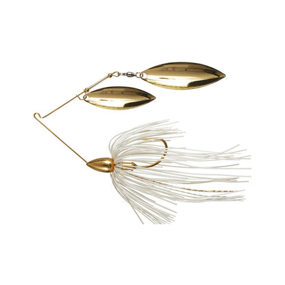 The War Eagle Gold Double Willow Spinnerbait by War Eagle features two gold oval blades and a white skirt, designed to attract fish.