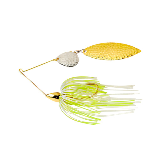 The War Eagle Hammered Blades Colorado Willow Spinnerbait by War Eagle features gold and silver hammered metal blades and a skirt of white and yellow-green strands, shown isolated on a white background.