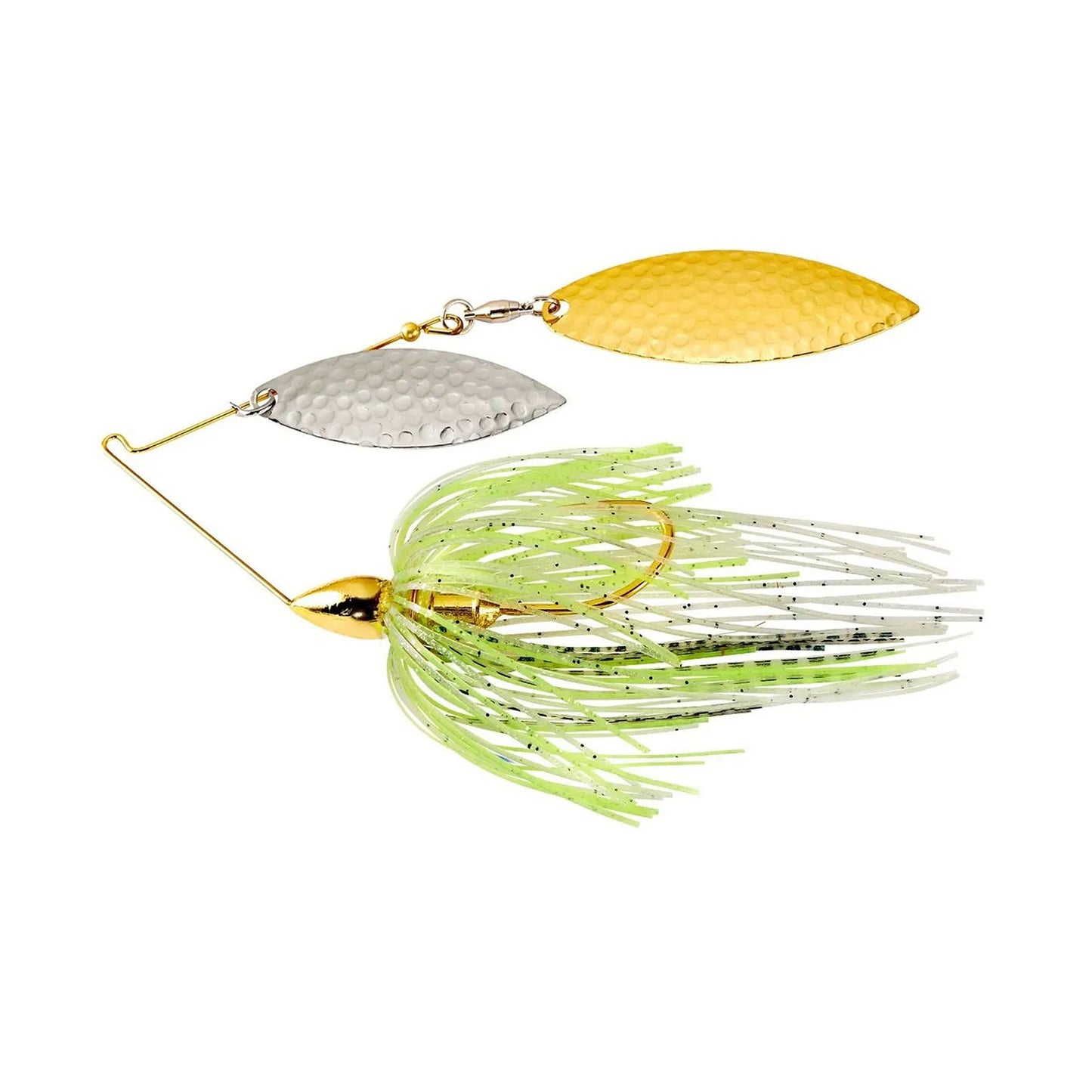 The War Eagle Hammered Blades Double Willow Spinnerbait by War Eagle features gold and silver hammered blades and a skirt with green, white, and black strands.