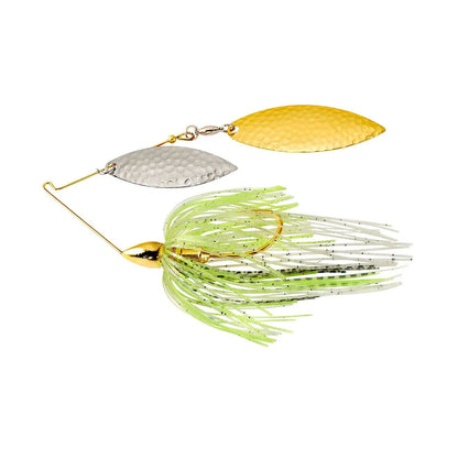 The War Eagle Hammered Blades Double Willow Spinnerbait by War Eagle features gold and silver hammered blades and a skirt with green, white, and black strands.