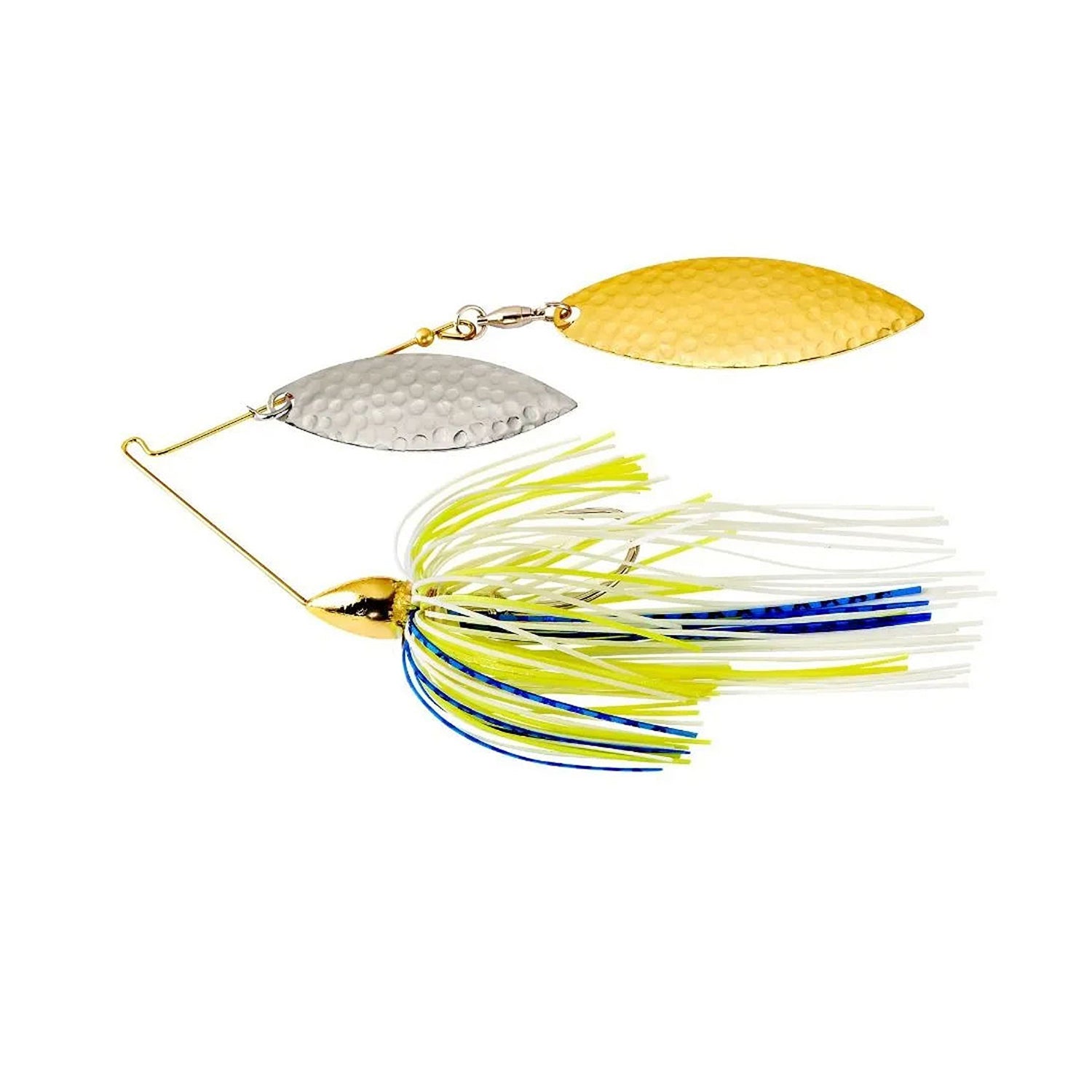 The War Eagle Hammered Blades Double Willow Spinnerbait by War Eagle features gold and silver hammered blades and a skirt of yellow, white, blue, and green strands, shown on a white background.