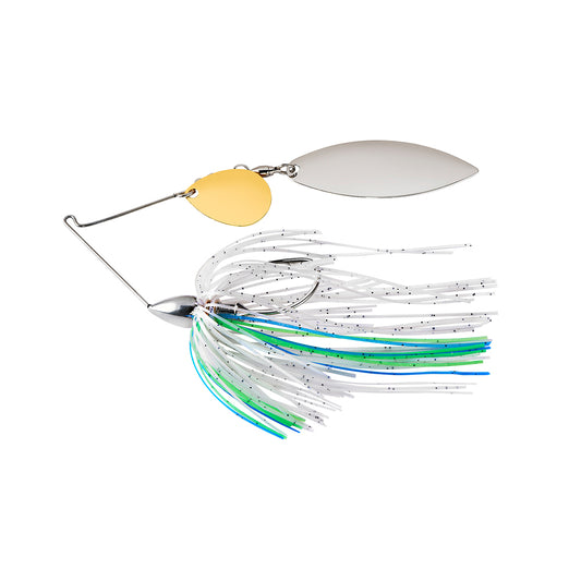 The War Eagle Nickel Colorado Willow Spinnerbait by War Eagle features silver and gold blades with a skirt of white, blue, and green strands plus black speckles, designed to attract fish.