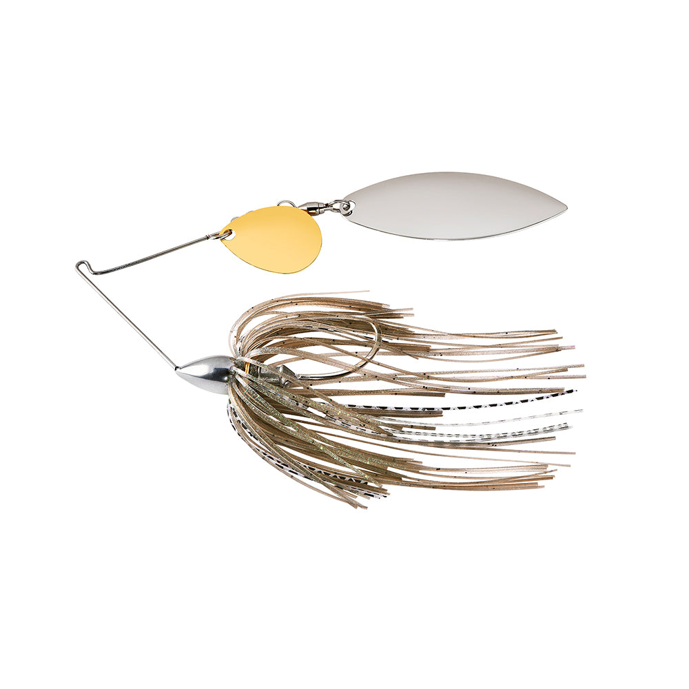The War Eagle Nickel Colorado Willow Spinnerbait by War Eagle features gold and silver blades, a silver head, and a skirt with brown and gold strands.
