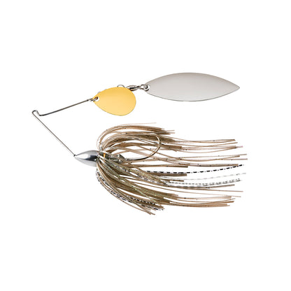 The War Eagle Nickel Colorado Willow Spinnerbait by War Eagle features gold and silver blades, a silver head, and a skirt with brown and gold strands.