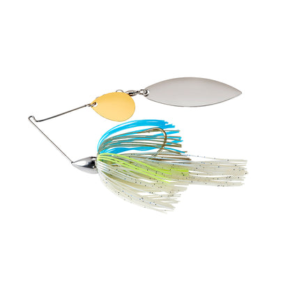 The War Eagle Nickel Colorado Willow Spinnerbait by War Eagle features a gold and silver blade and a white, green, and blue skirted hook, shown against a plain white background.