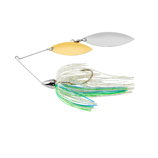 The War Eagle Nickel Double Willow Spinnerbait by War Eagle features silver and gold blades with a skirt of white, green, and blue strands on a durable metal wire frame.