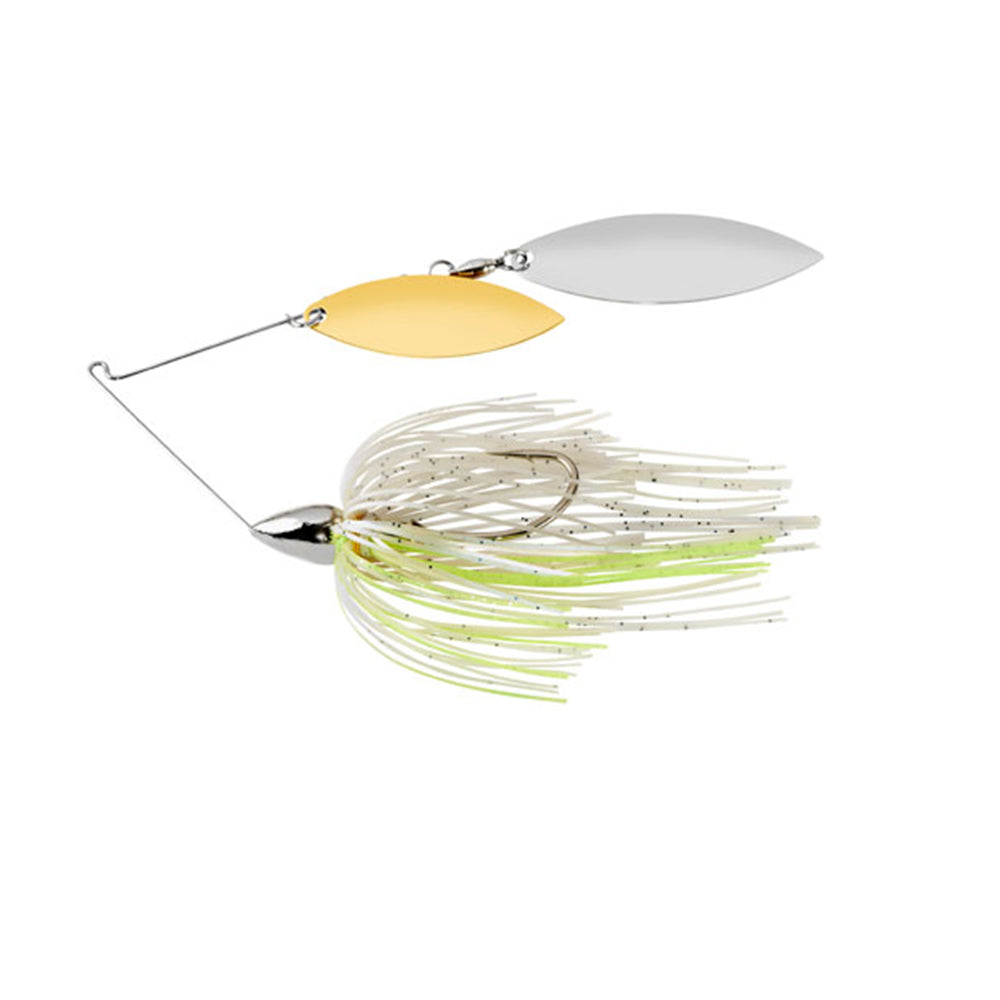 The War Eagle Nickel Double Willow Spinnerbait by War Eagle features silver and gold blades and a skirt of white and light green strands, designed to mimic small prey and attract fish.