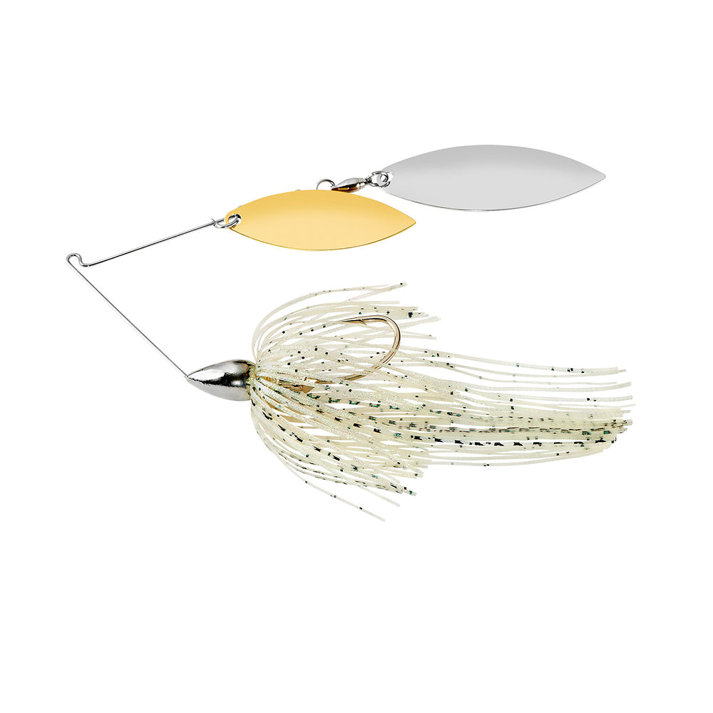 The War Eagle Nickel Double Willow Spinnerbait by War Eagle features a silver hook, a white glittery skirt, and two metal blades—one gold, one silver—attached to a wire arm.