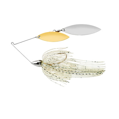 The War Eagle Nickel Double Willow Spinnerbait by War Eagle features a silver hook, a white glittery skirt, and two metal blades—one gold, one silver—attached to a wire arm.