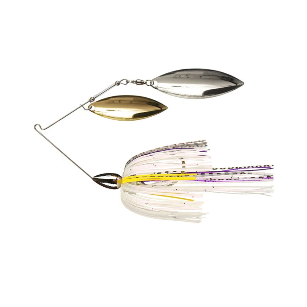 The War Eagle Nickel Double Willow Spinnerbait by War Eagle features silver and gold blades with a skirt of white, yellow, and purple strands.