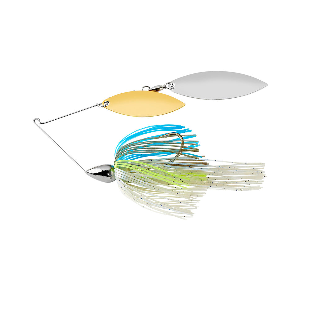 The War Eagle Nickel Double Willow Spinnerbait by War Eagle features a metal wire frame, one silver and one gold oval spinner blade, and a skirt of blue, green, and white strands with silver specks.