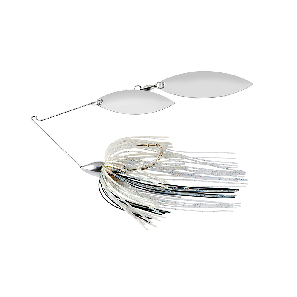 The War Eagle Nickel Double Willow Spinnerbait by War Eagle is a silver spinnerbait featuring two metallic blades and a skirt of white, silver, and black strands, shown on a white background.