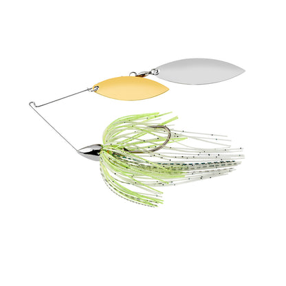 The War Eagle Nickel Double Willow Spinnerbait by War Eagle features a silver head, green and white skirt, and two metal blades—one gold and one silver—on a wire arm.