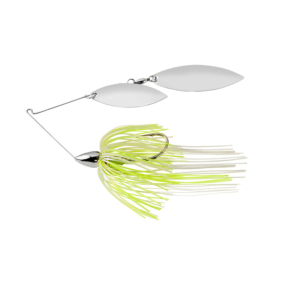The War Eagle Nickel Double Willow Spinnerbait by War Eagle features two silver willow blades and a green-and-white skirt, designed to attract fish.
