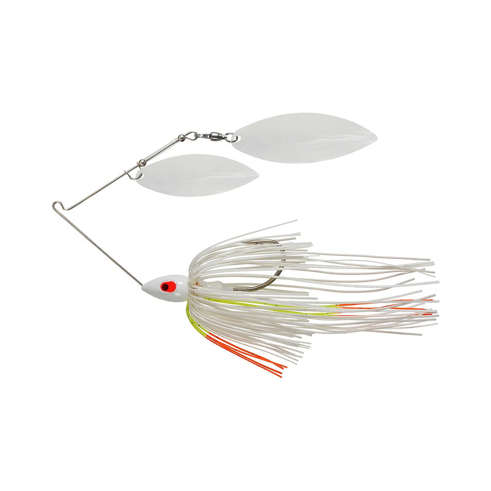 The War Eagle Painted Double Willow Spinnerbait by War Eagle features a white head with a red eye, two silver willow blades, and a skirt of white, yellow, and orange strands—ideal for enticing fish.