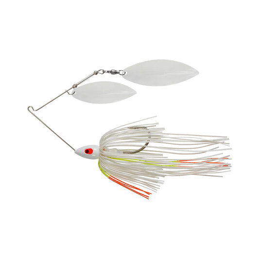 The War Eagle Painted Double Willow Spinnerbait by War Eagle features a white head with a red eye, two silver willow blades, and a skirt of white, yellow, and orange strands—ideal for enticing fish.