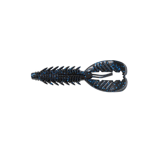 The Xzone Lures Adrenaline Craw Jr. 3.5" (7pk) by Xzone Lures is a soft plastic bass bait with a ribbed, segmented body and floating heart-shaped claws in black with blue speckles, perfect for imitating insects or creatures.