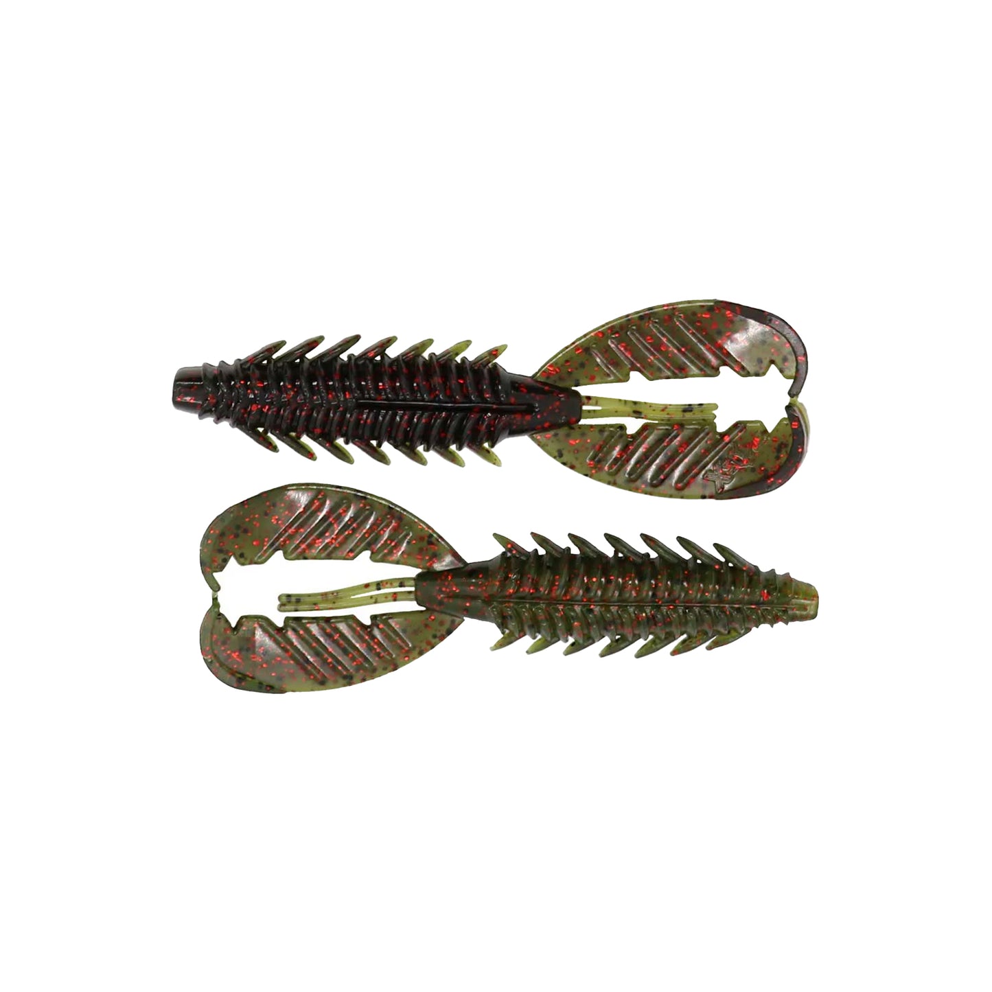 The Xzone Lures Adrenaline Craw Jr. 3.5" 7pk features green and brown crawfish-shaped lures with red specks, ridged bodies, floating wide claws—ideal for bass fishing.