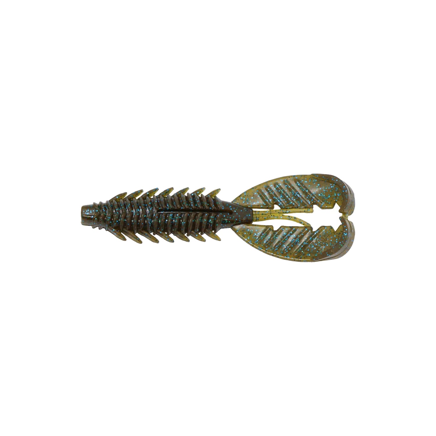 The Xzone Lures Adrenaline Craw Jr. 3.5" 7pk features a ribbed, segmented body with two wide floating claws in dark green with blue sparkles—ideal for enticing bass strikes.