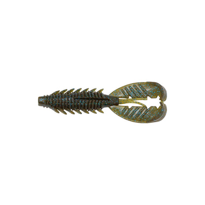 The Xzone Lures Adrenaline Craw Jr. 3.5" 7pk features a ribbed, segmented body with two wide floating claws in dark green with blue sparkles—ideal for enticing bass strikes.